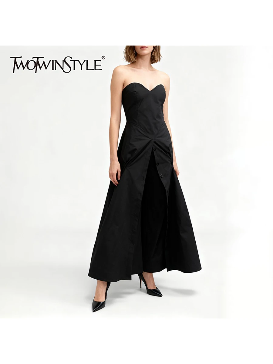 

TWOTWINSTYLE Solid Slimming Spliced Single Breasted Jumpsuits for Women Strapless Sleeveless Design Sense Jumpsuit Female New