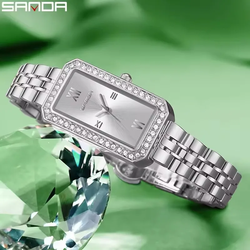 SANDA 1142, модный дизайн, хит продаж, женские часы, кварцевые прямоугольные часы с инкрустацией бриллиантами, водонепроницаемые деловые женские часы