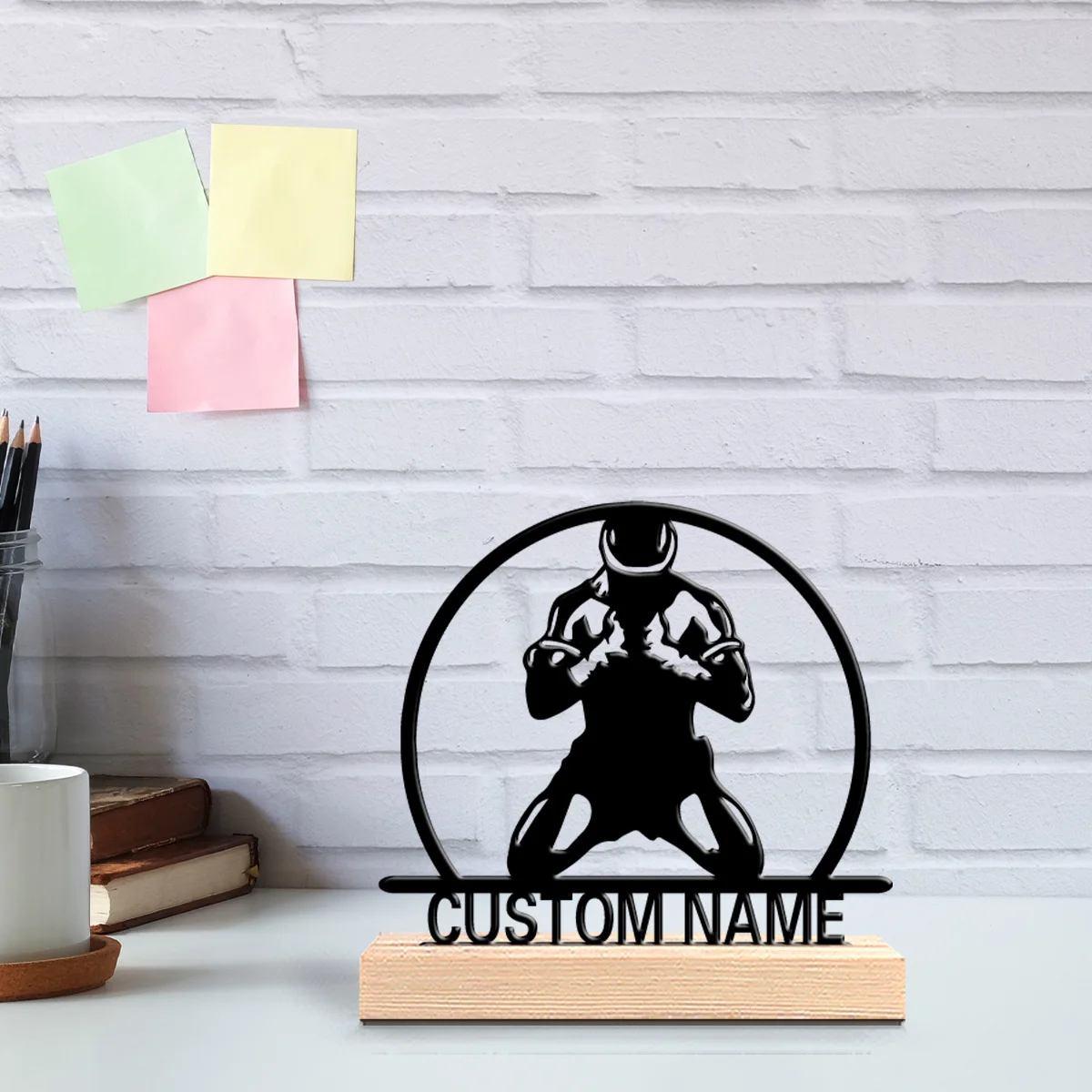 1pc Fashion Fighter Custom Letter Metal Statue Handicraft With Wood Base Tin Ornament With Wood Base For Home Desk Decor