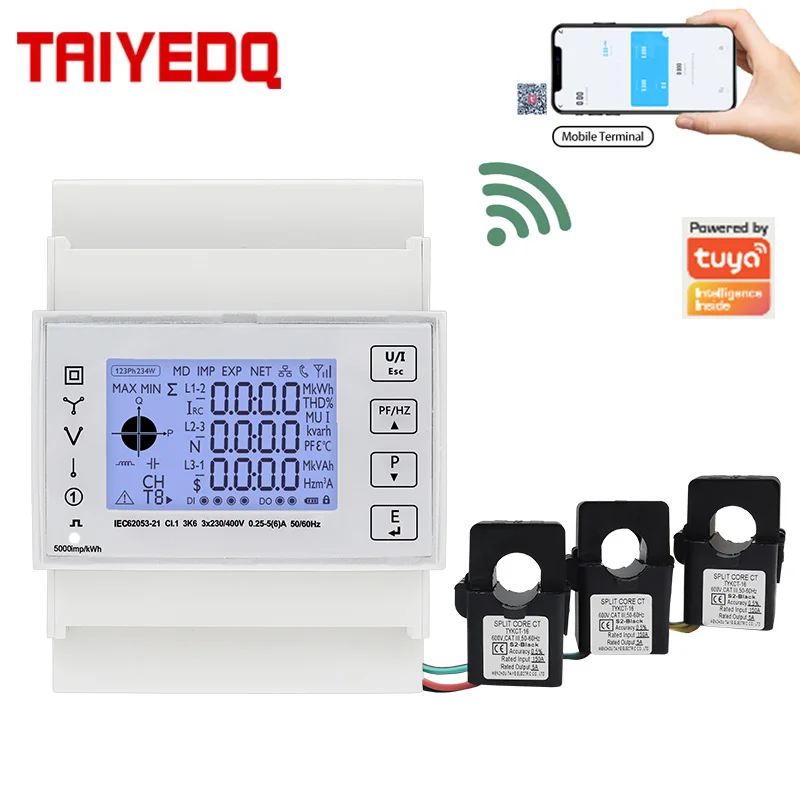 Wattímetro de Energia Elétrica Inteligente Wifi Phase Kwh Bidirecional Transformadores de Corrente Kct16 230 v 400v