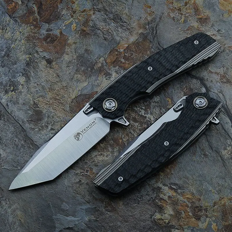 Venom Hunting Knife S30V Tanto Blade Carbon Fiber Titanium Handle Folding Pocket Knives Kevin John with Sheath