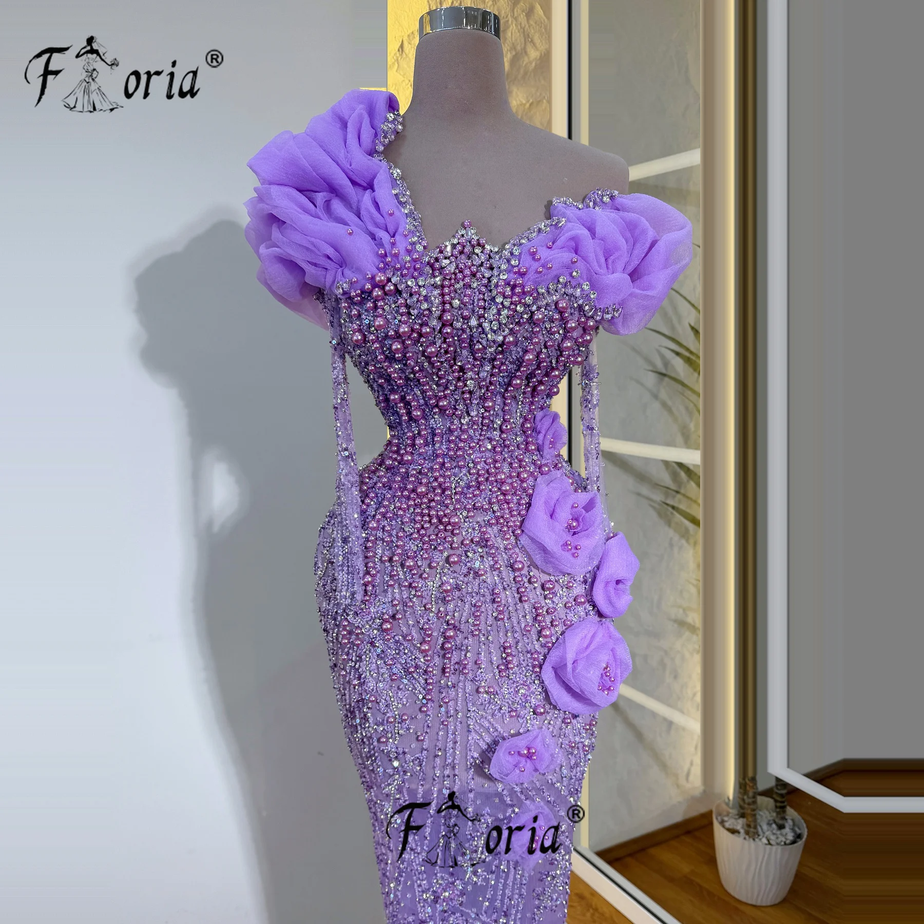 Fully Beads Luxury Party Dress Mermaid Lilac Pearls Flowers Long Sleeve Evening Event Gown vestidos de ocasión formales Prom