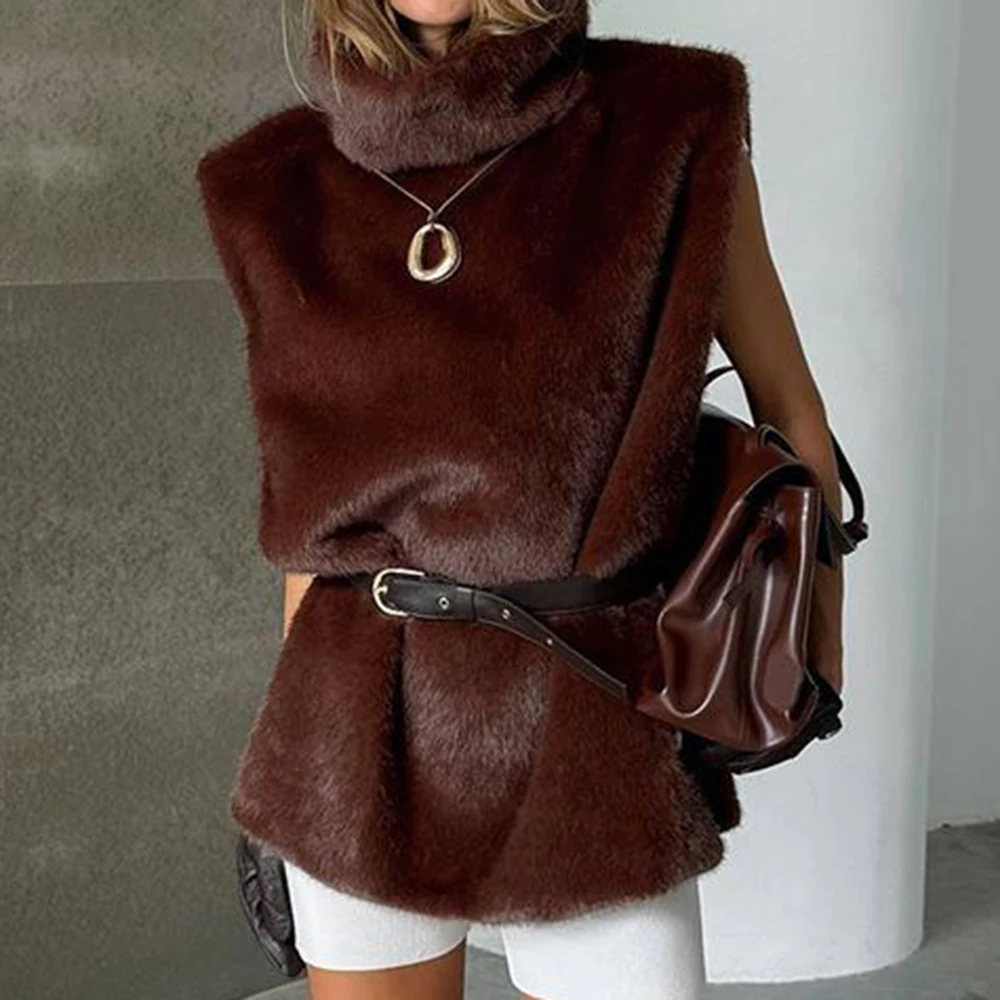 

Fashionable royal sister Fan retro coffee plush turtleneck T-shirt women's sleeveless tight high-end top