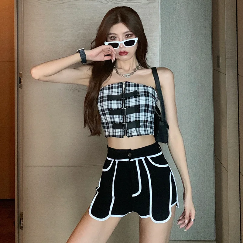 ハイウエストデニムショートパンツ 2025夏新作 配色インス 薄手 ゆったり Aライン ホットパンツ レディース