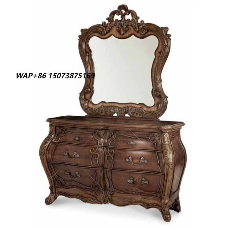 America Classic Style Traditional Bedroom Furniture Handmade Solid Birch Wood Carved Dresser with Tri-Fold Mirror