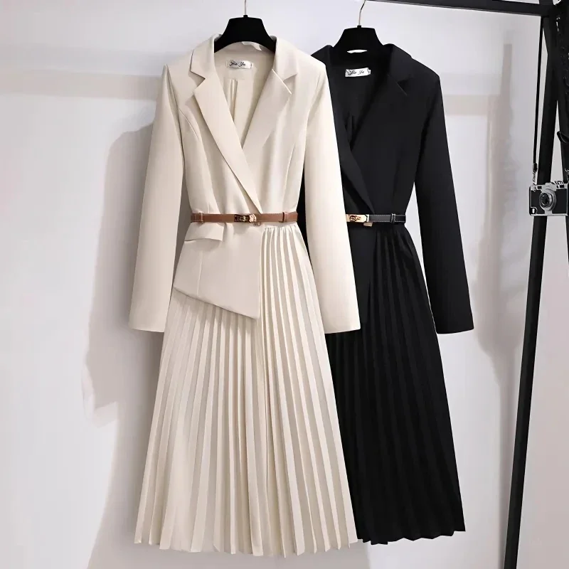 

Spring Autumn Women's Dresses New Fashion Suit Collar Stitching Fake Two-Piece Elegant Lady Office Long Dress U314