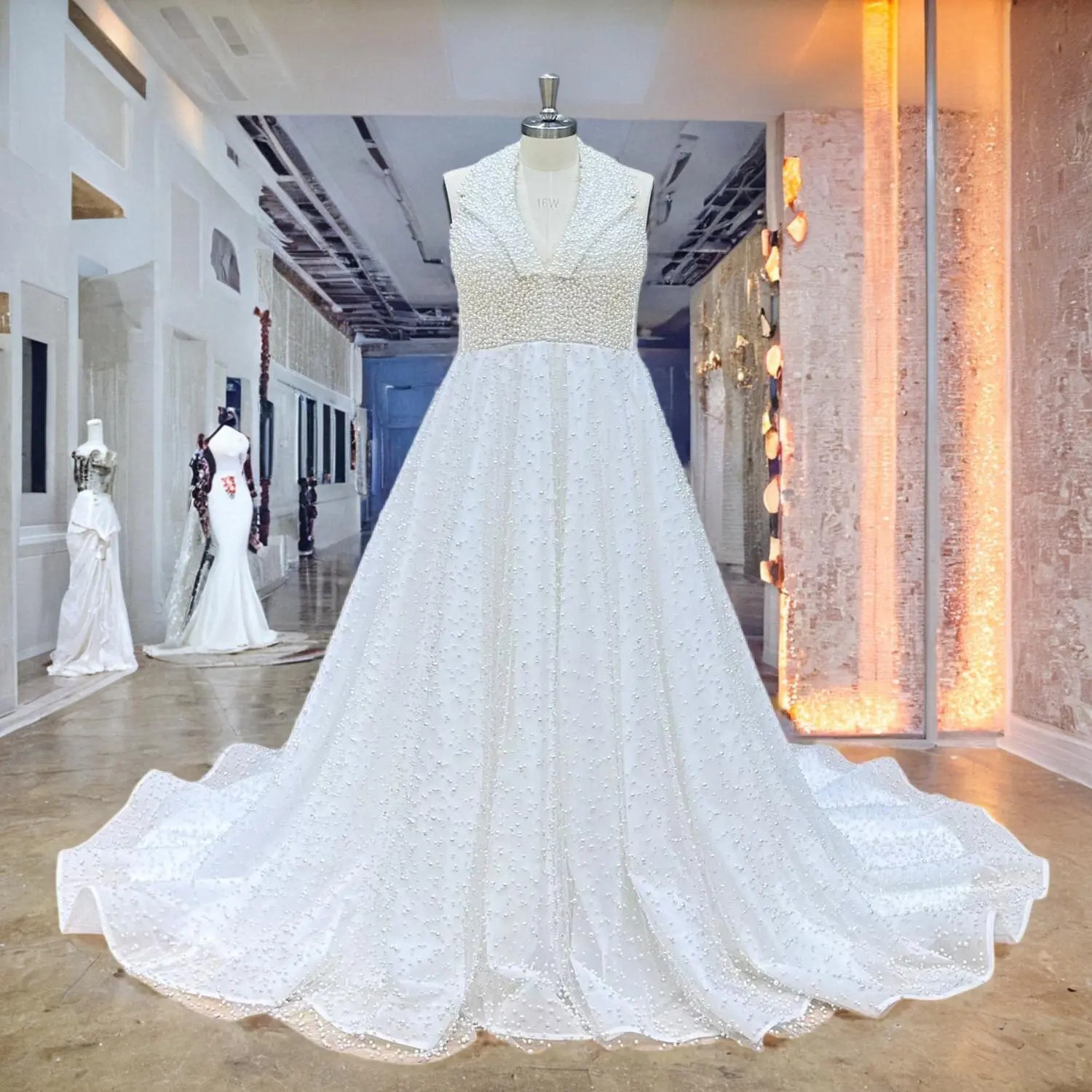 

Hire Lnyer Halter Neck Lace Up Back All Over Full Pearls A-Line Wedding Dresses Real Office Photos Video