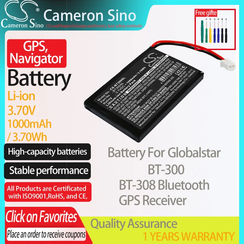 CameronSino Battery for Globalstar BT-300 BT-308 Bluetooth GPS Receiver GPS, Navigator battery 1000mAh/3.70Wh 3.70V Li-ion Black