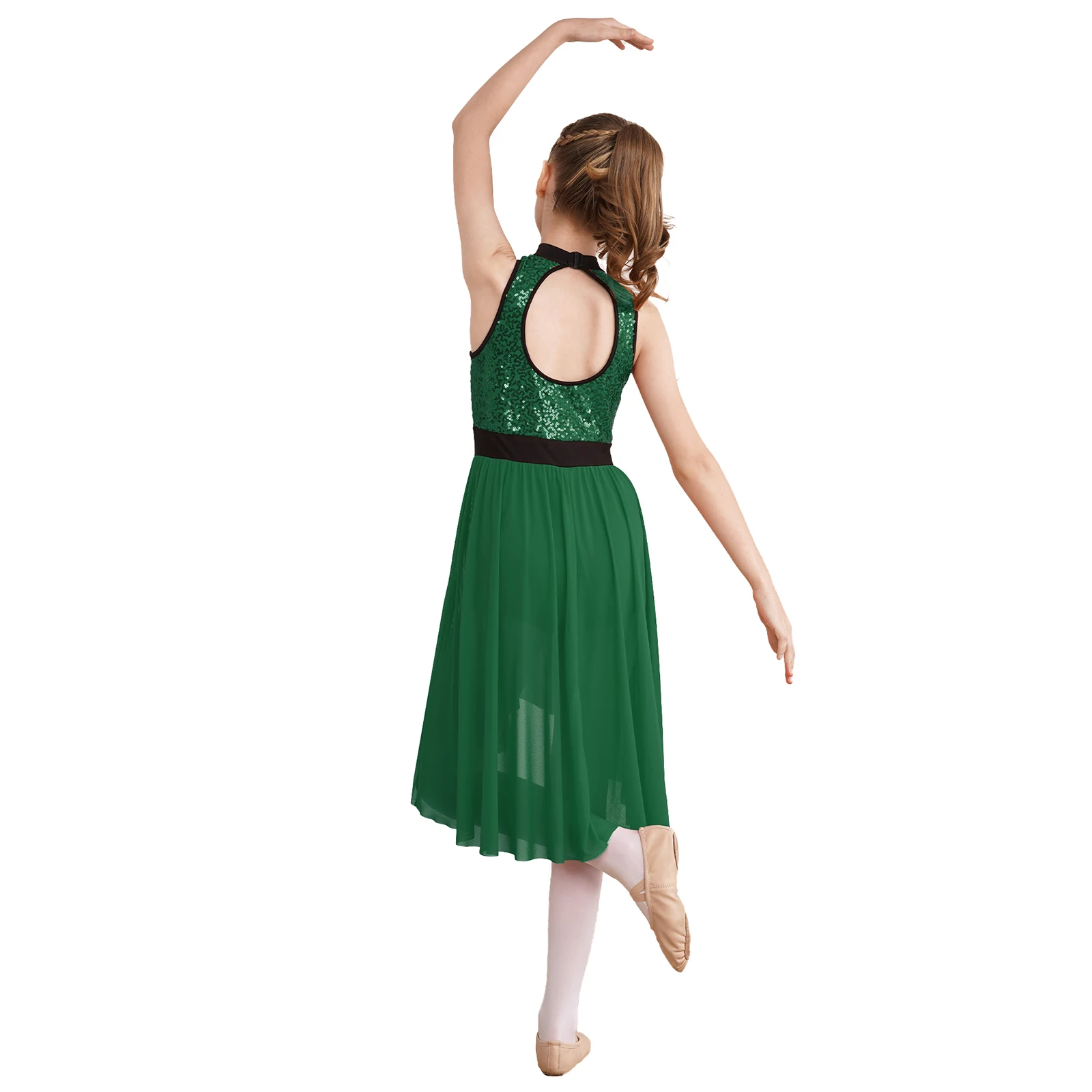 Kids Girls Sequin High-Low Mesh Sleeveless Skirt Dresses 2023 One-Piece Boyleg Jumpsuit Dress Dance Stage Performance Costumes