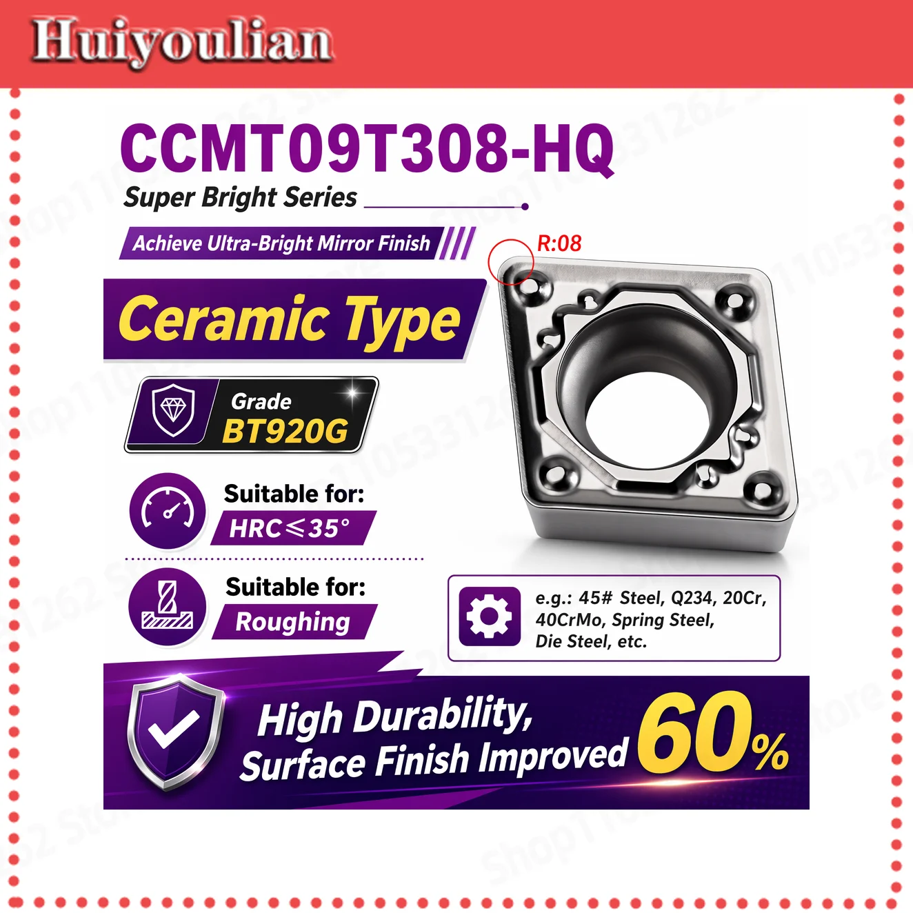Industrial High Hardness Ceramic Super Bright CNC Boring Insert CCMT09T308-HQ Roughing HRC0-35