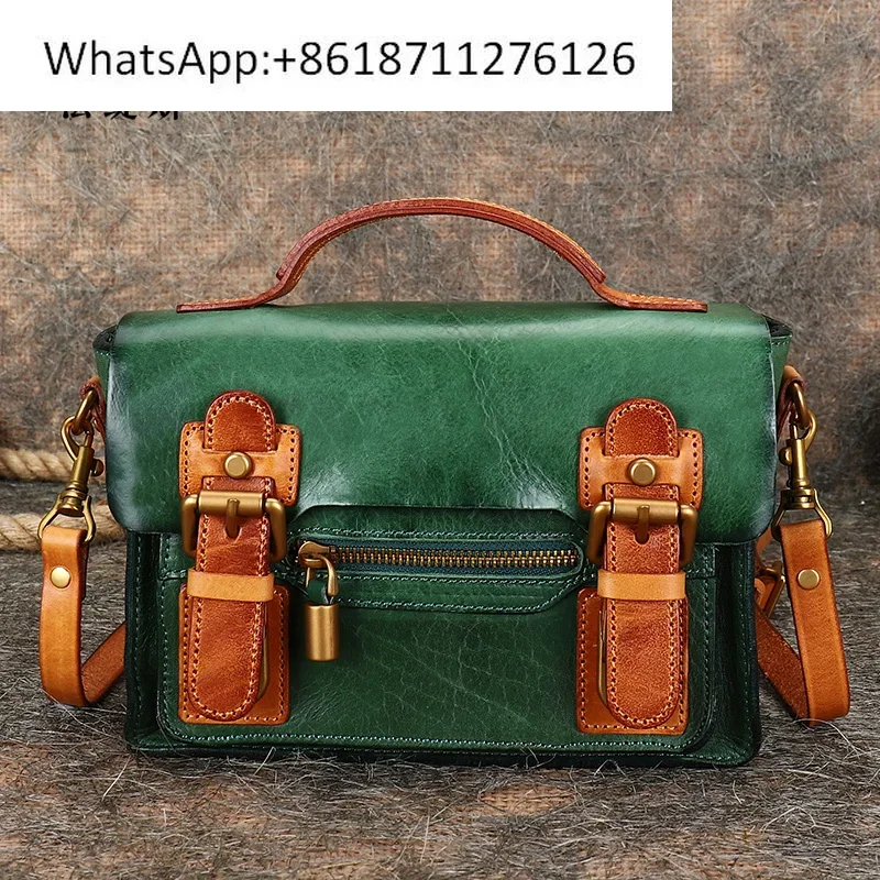 Contrasting colors British literary and retro shoulder bag genuine leather small satchel handmade cowhide