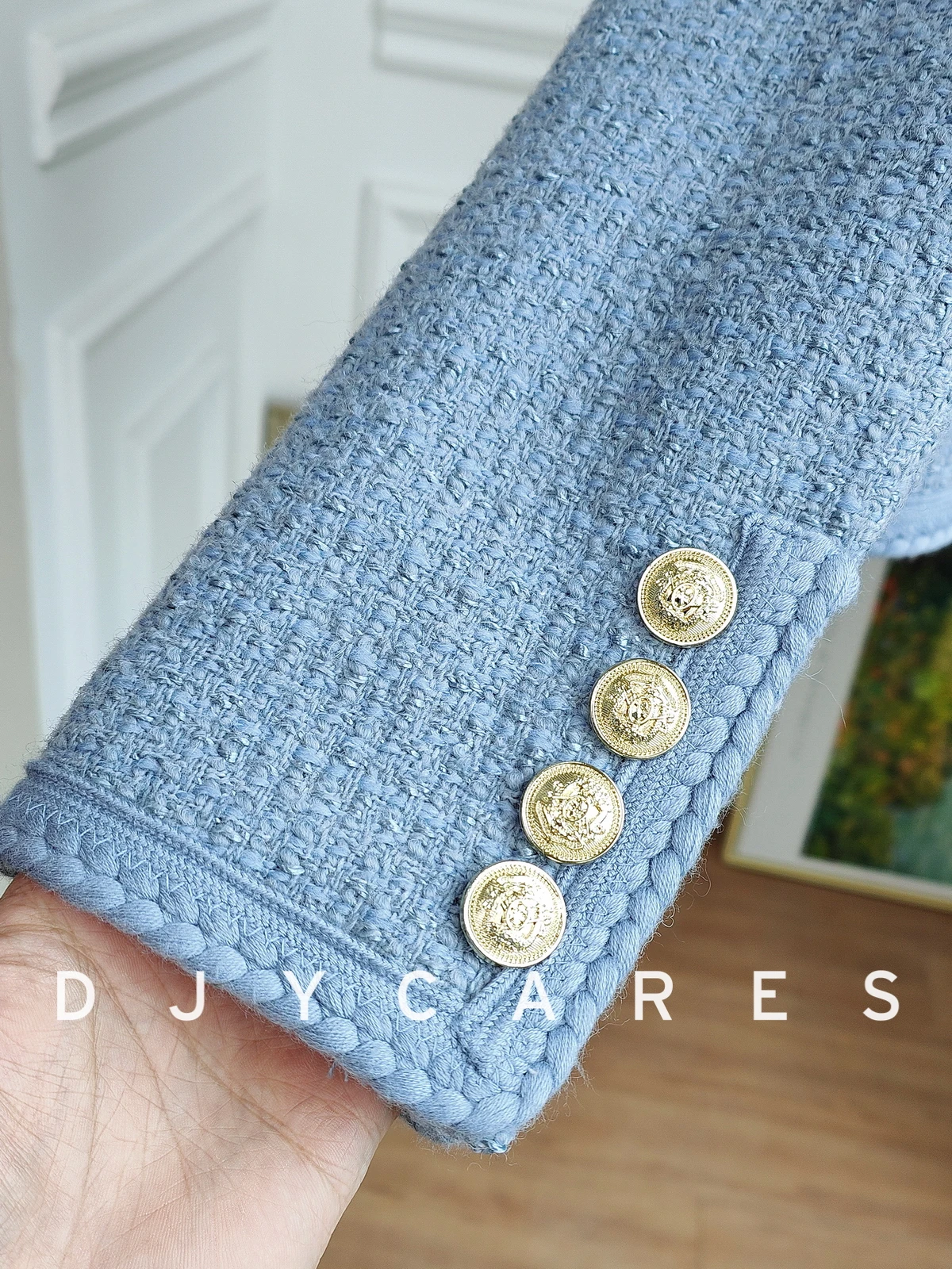 New Coarse woolen handmade woven woven ribbon lace blue coat temperament top big  size