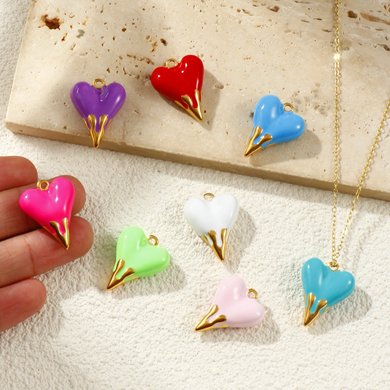 1PC Neue Candy Farbe Valentinstag Herz Charms 18K Reales Gold Überzogene Emaille Edelstahl Herz 3D DIY Erkenntnisse 24mm x 19mm – Detail 3