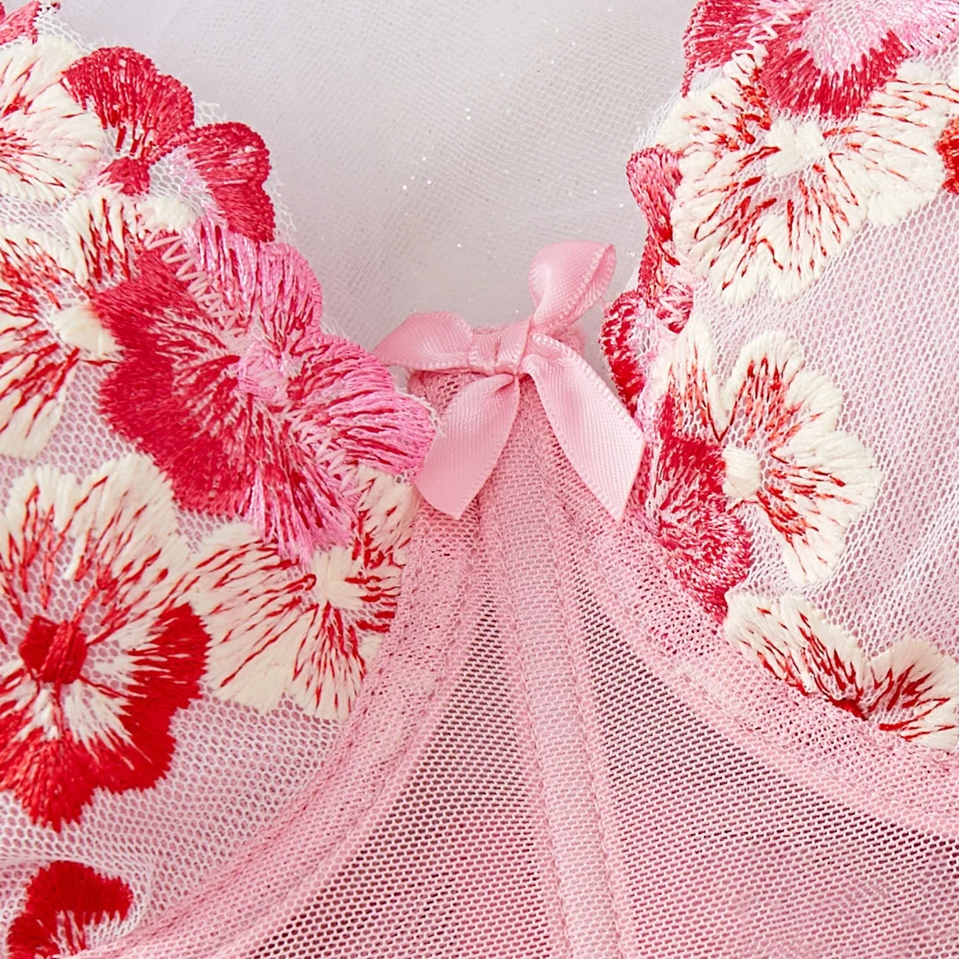 Ensemble de Lingerie Sexy en Dentelle Rose pour Femme, en Maille, Couleur Unie Trempée, Broderie de Fleurs, NikTransparent