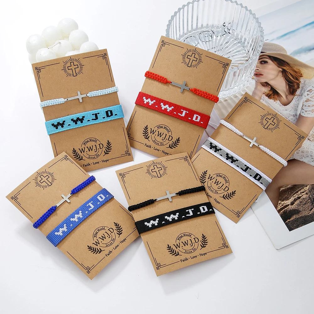 

Simple Creative Design Hand-Woven Cross Bracelet 2-Piece Men's WWJD Couple Friendship Card Bracelet Jewelry Joyas Gift
