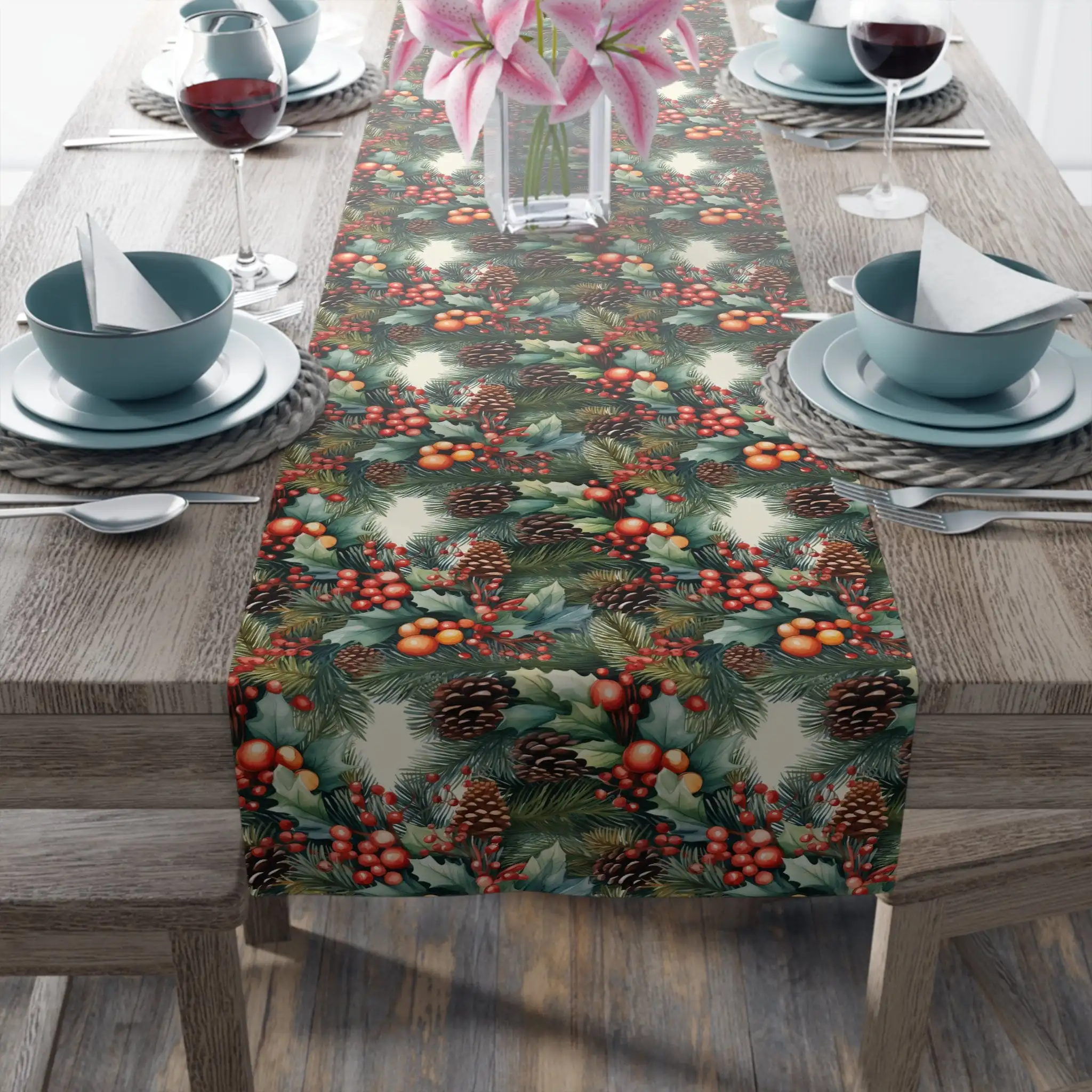 Pinecone Garland Table Runner, Holiday Everyday Celebration Decor Tablecloth for Dining Table Party, Festive Home Decoration