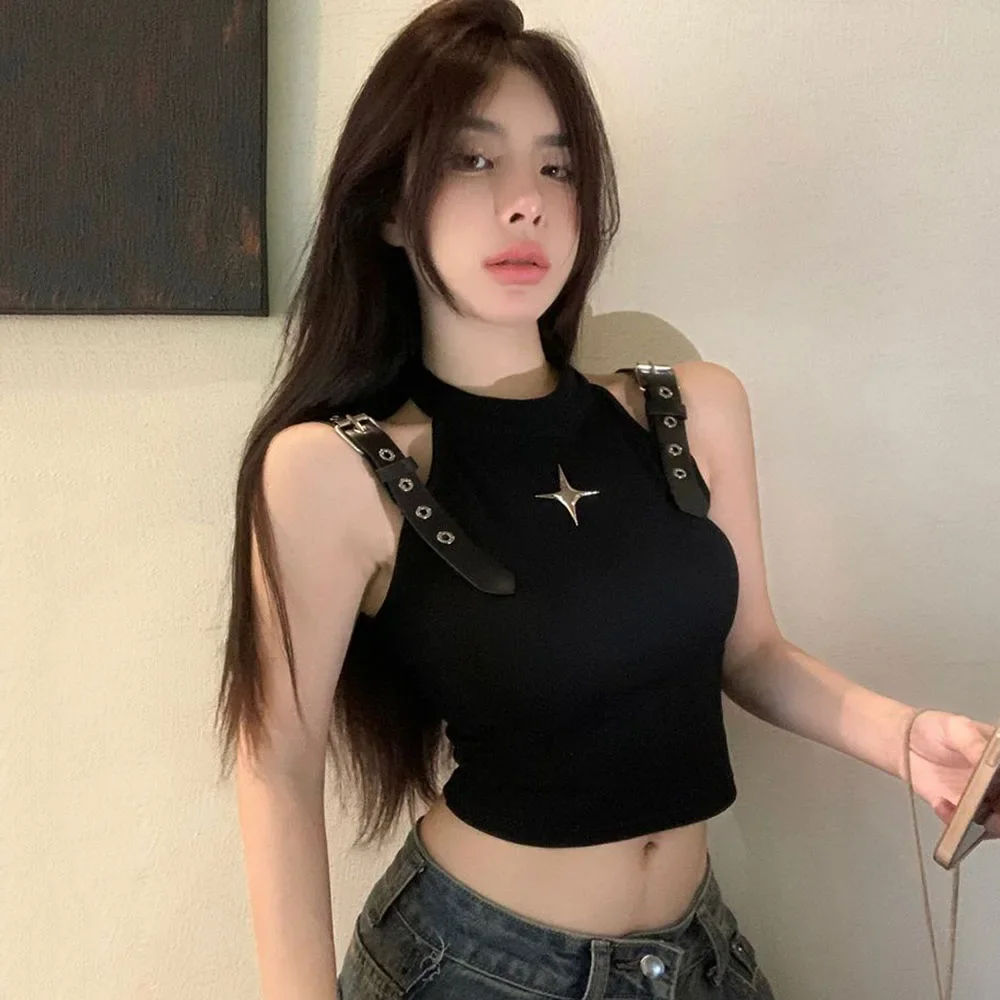 ผู้หญิง Tank Top Y2k Streetwear Star Metal Halter Cool สาวแขนกุดสีดําเสื้อกั๊กด้านล่างเสื้อผ้า Tee y2k