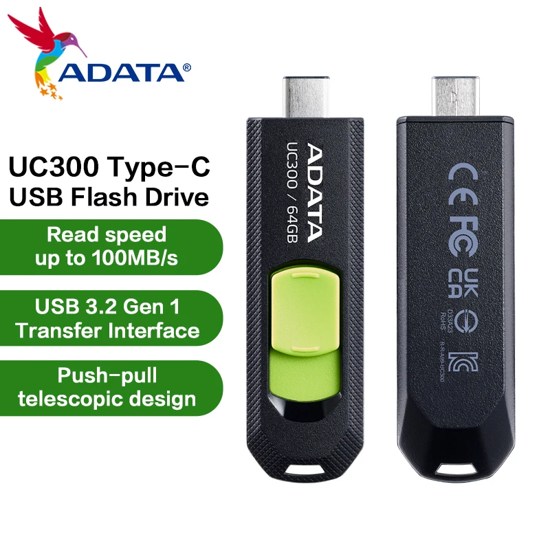 Original ADATA UC300 USB3.2 Gen1 Type‑C Flash Drive Sliding Pendrive 100MB/s 32GB 64GB 128GB for iPhone 15 16  Android Laptop