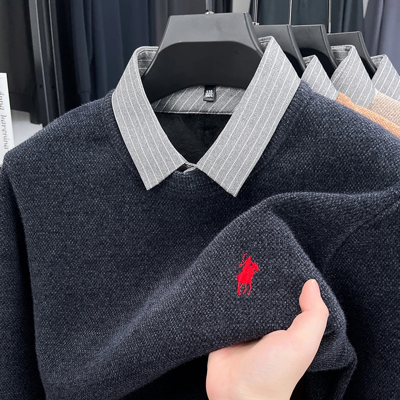 

Мужской роскошный осенне-зимний высококачественный вязаный свитер с длинными рукавами и вышивкой из двух частей, трендовая мужская одежда для отдыха