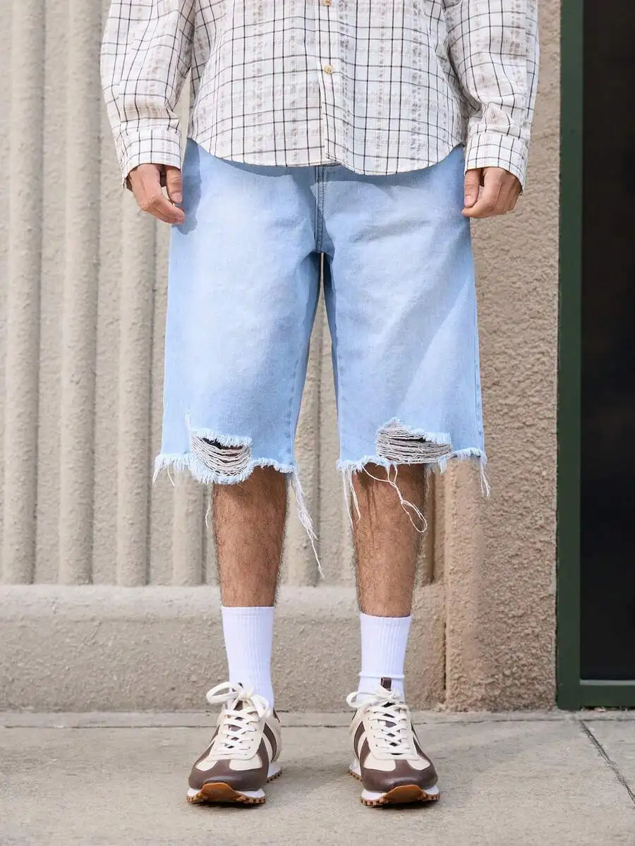 

Mens Ripped Denim Shorts Loose Fit Casual Knee Length Bermuda Streetwear Summer