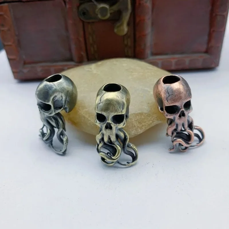 Punk Brass Knife Bead Key Ring Pendants Copper Skull Keychains Rope Beads Paracord Car Accessories