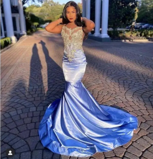 Sky Blue African American Prom Dresses Mermaid V-neck Velvet Appliques Black Girls Nigeria Robe De Soiree Evening Dress Gown