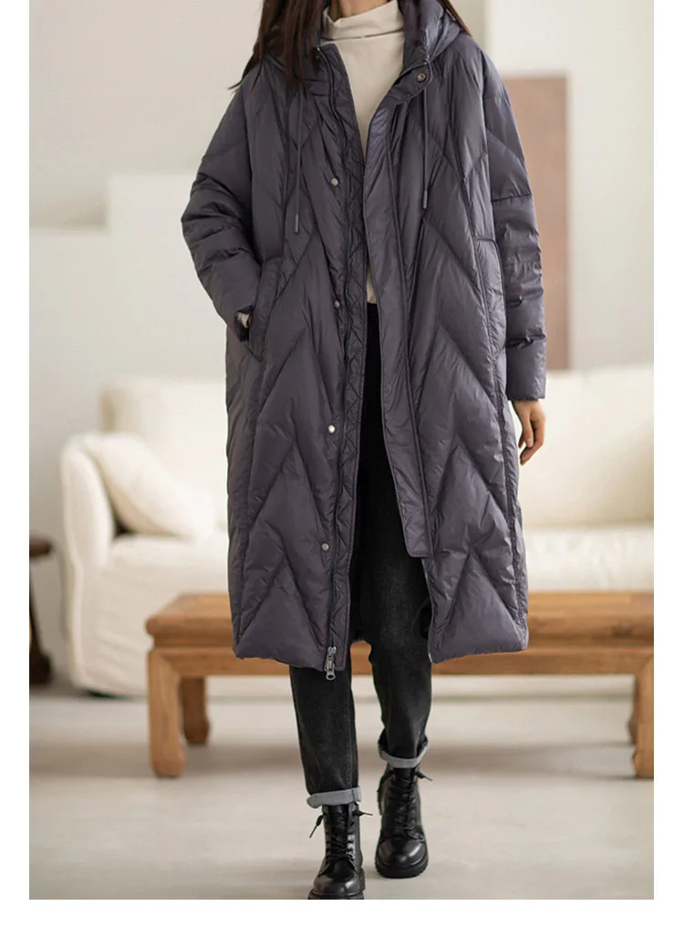 Schinteon Women 90% White Duck Down Long Jacket with Hood Casual Loose Over Size Winter Warm Outwear High Quality 2026 New