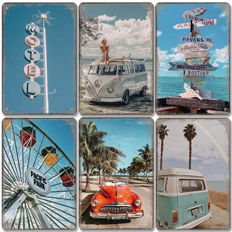 Plaque décorative vintage en métal, 18 panneaux, bus de plage, affiches de voyage d'été, décoration de bar, décor mural pour cha