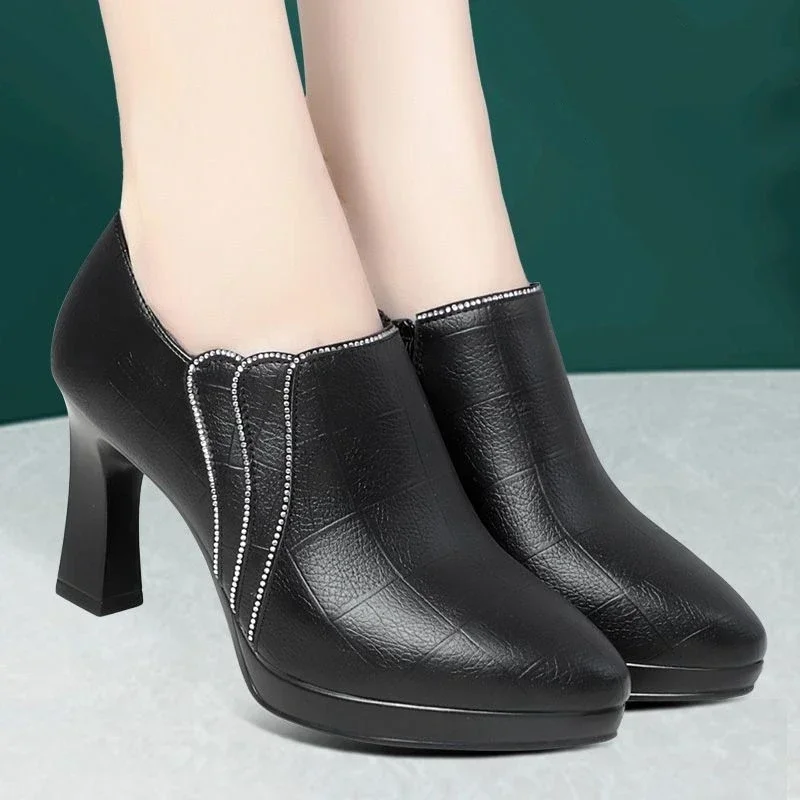 Comfortable 6.5cm  8.5cm Deep Mouth Soft Leather Shoes Women\'s Pumps 2025 Fall Block High Heels Shoes for Office Model Mom