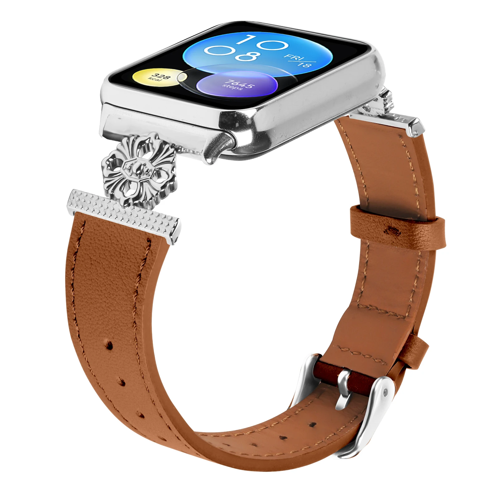 For Xiaomi Smart Band 8 Pro Watch Band Genuine Cow Leather Flower Decor Adjustable Strap - Brown