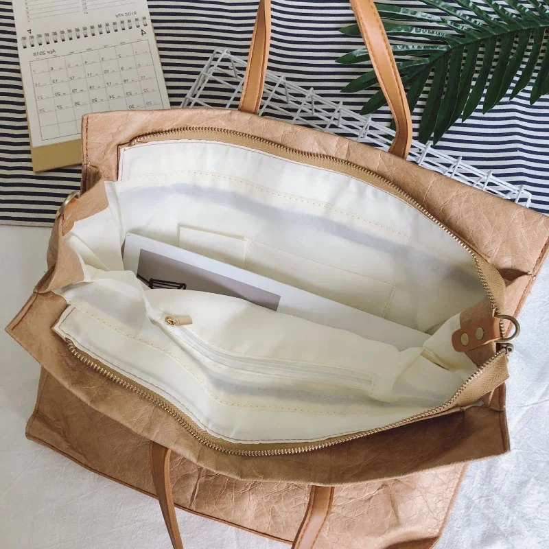 Kraftpapier Draagtas Vrouwen Grote Capaciteit Eenvoudig Ontwerp Wasbare Schoudertas Chique Vintage Casual Scheurbestendig Nieuw In Handtas