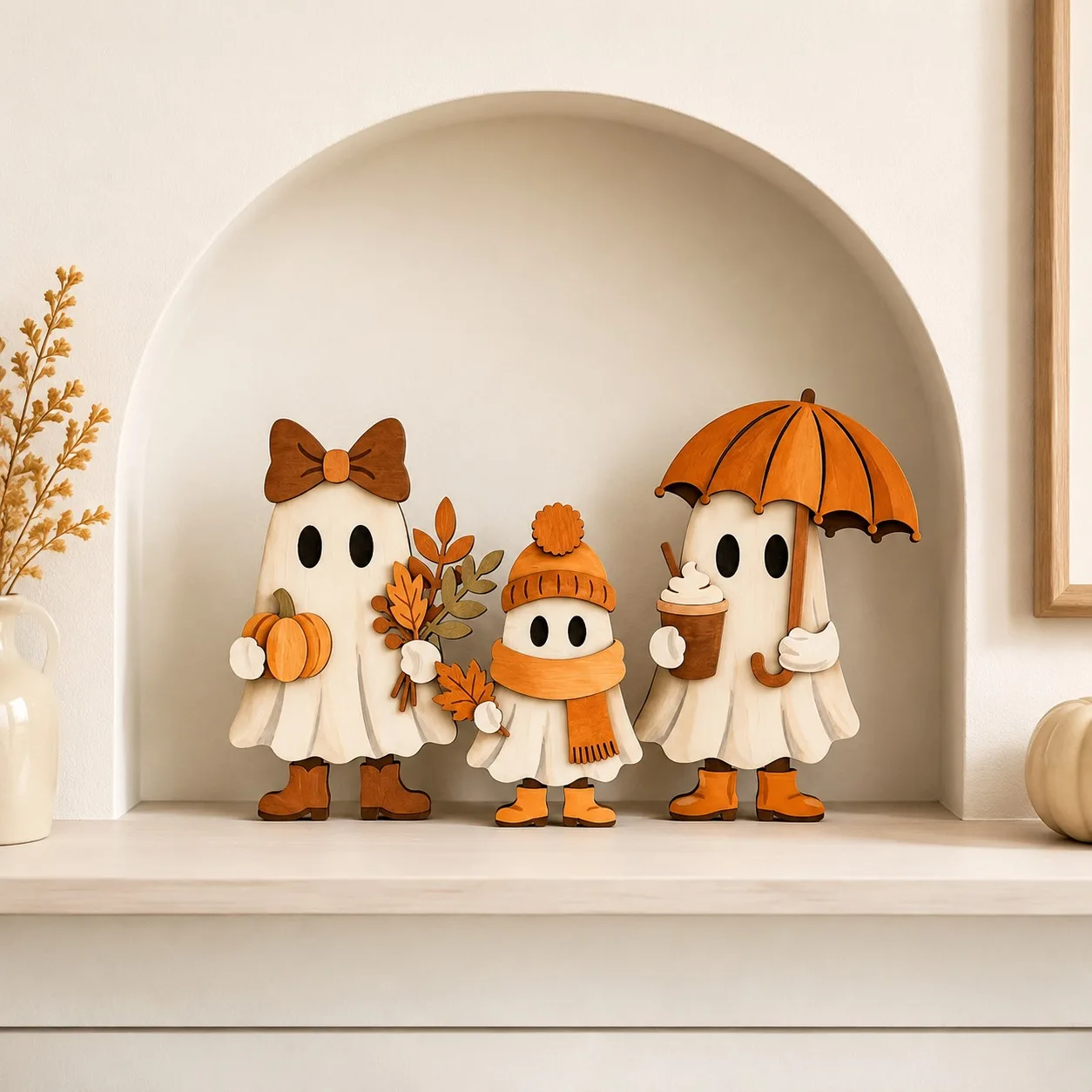 6/3 pieces of random styles 2D flat cute autumn ghost wooden tabletop signs, layered wooden ghost family with pumpkin, maple leaf, latte, and umbrella, farmhouse autumn layered tray decorations, Thanksgiving harvest table centerpieces, Halloween and Christmas gifts