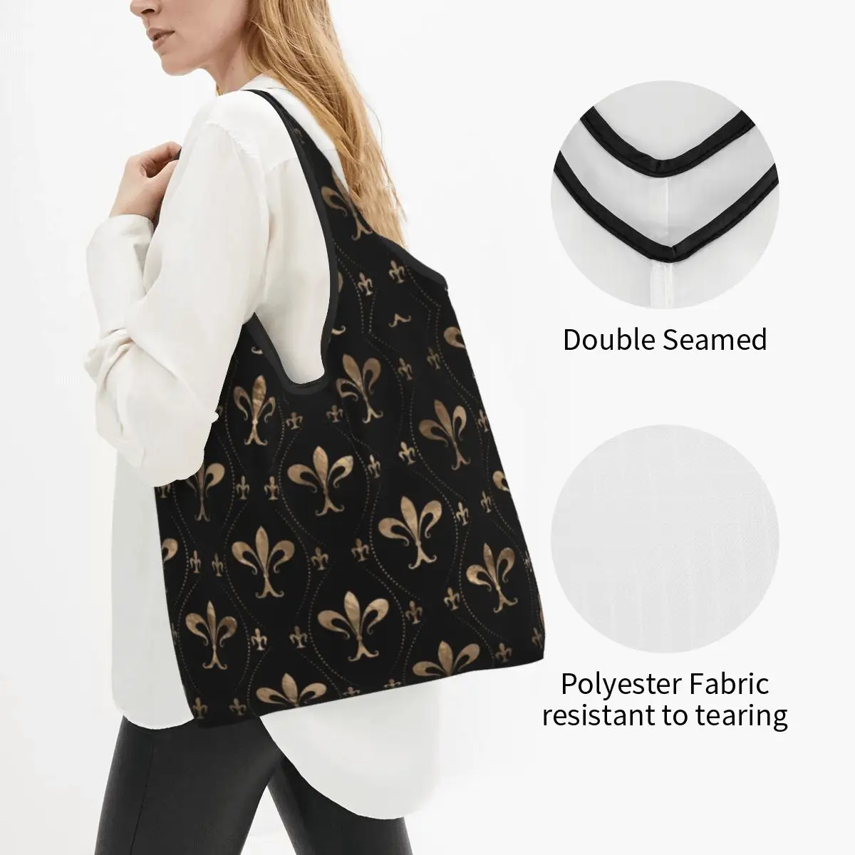 Recycling Fleur De Lis Lily Flower Pattern Black And Gold Shopping Bag  Tote Bag Portable Royalty Lily Petals Grocery Bags