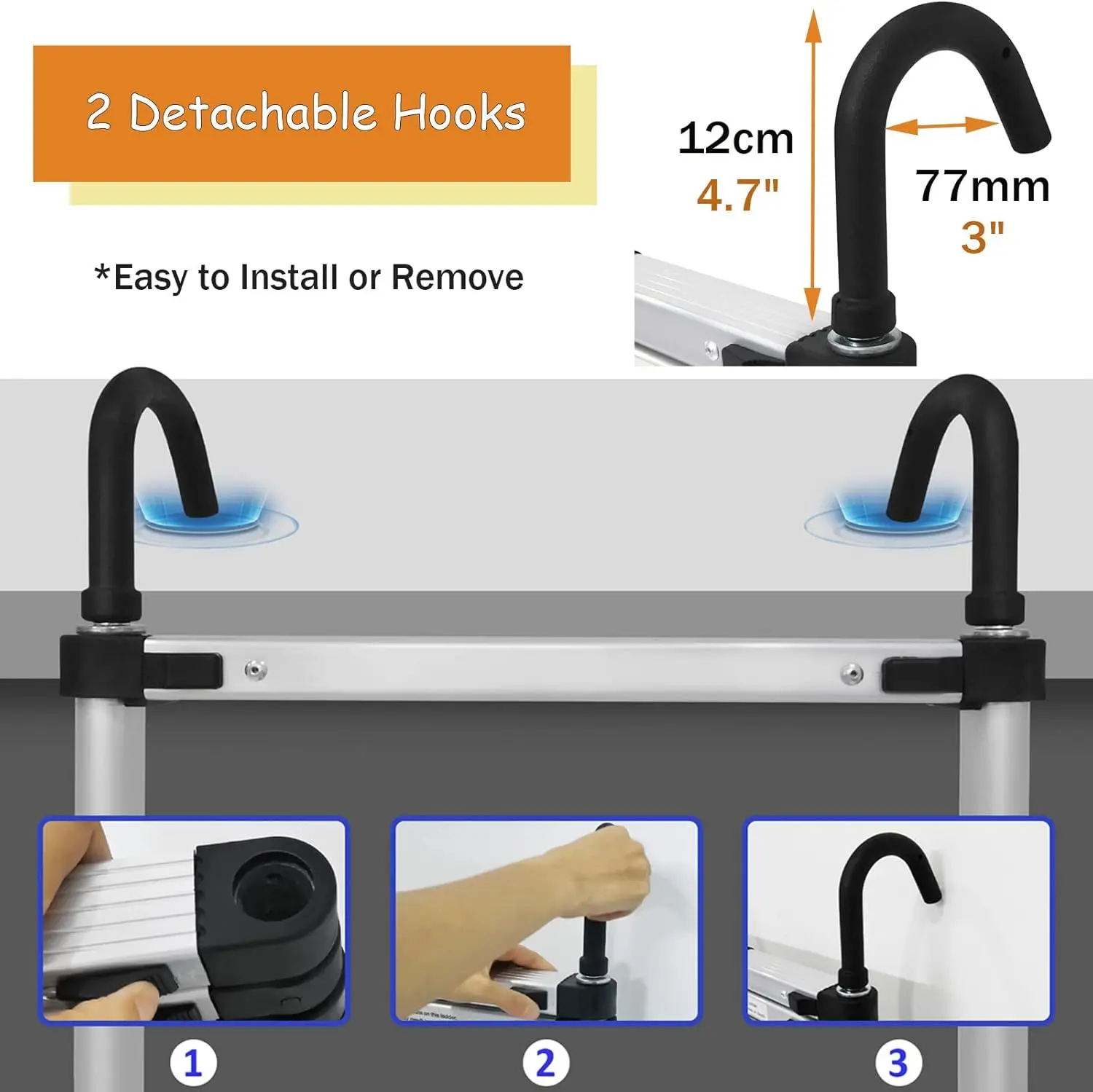 16.4ft อลูมิเนียมพับบันได 2 ตะขอที่ถอดออกได้น้ําหนัก 28lbs ปรับความสูง 330lbs โหลดความจุประหยัดพื้นที่