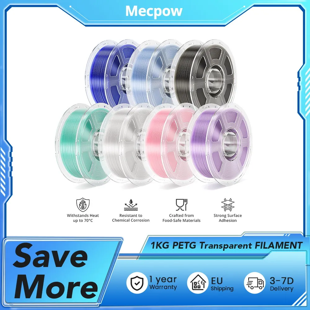 Mecpow 1 kg PETG Hochgeschwindigkeits-transparentes 3D-DRUCKER-FILAMENT – 30–600 mm/s, 230–250 ° C-Temperatur, 1,75 mm ± 0,02 mm Filamentdurchmesser