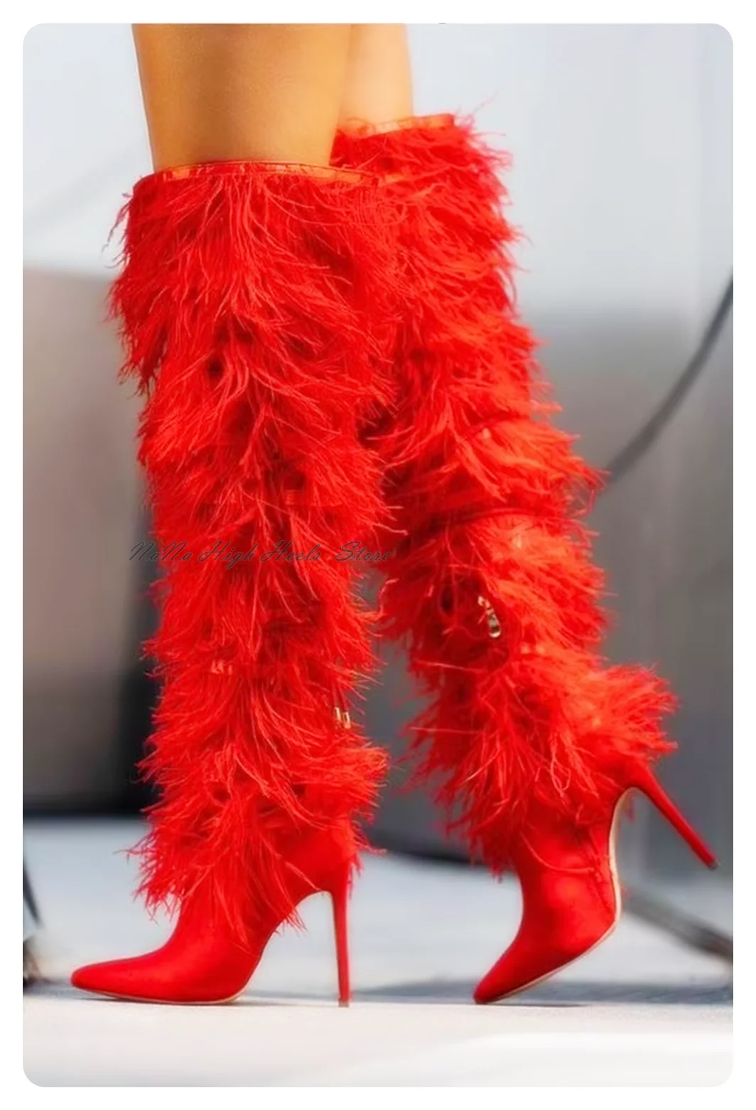 

Lace Fringe Elegant Stiletto High Heel Feather Boots Lady Fluffy Sexy Pointed Toe Knee High Boots Party Women Design Shoes