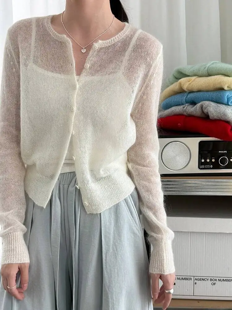 Thin Green Perspective Silm Knitting Cardigan Sweater Round Neck Long Sleeve Women New Fashion Spring Autumn2026 X6GW view 4