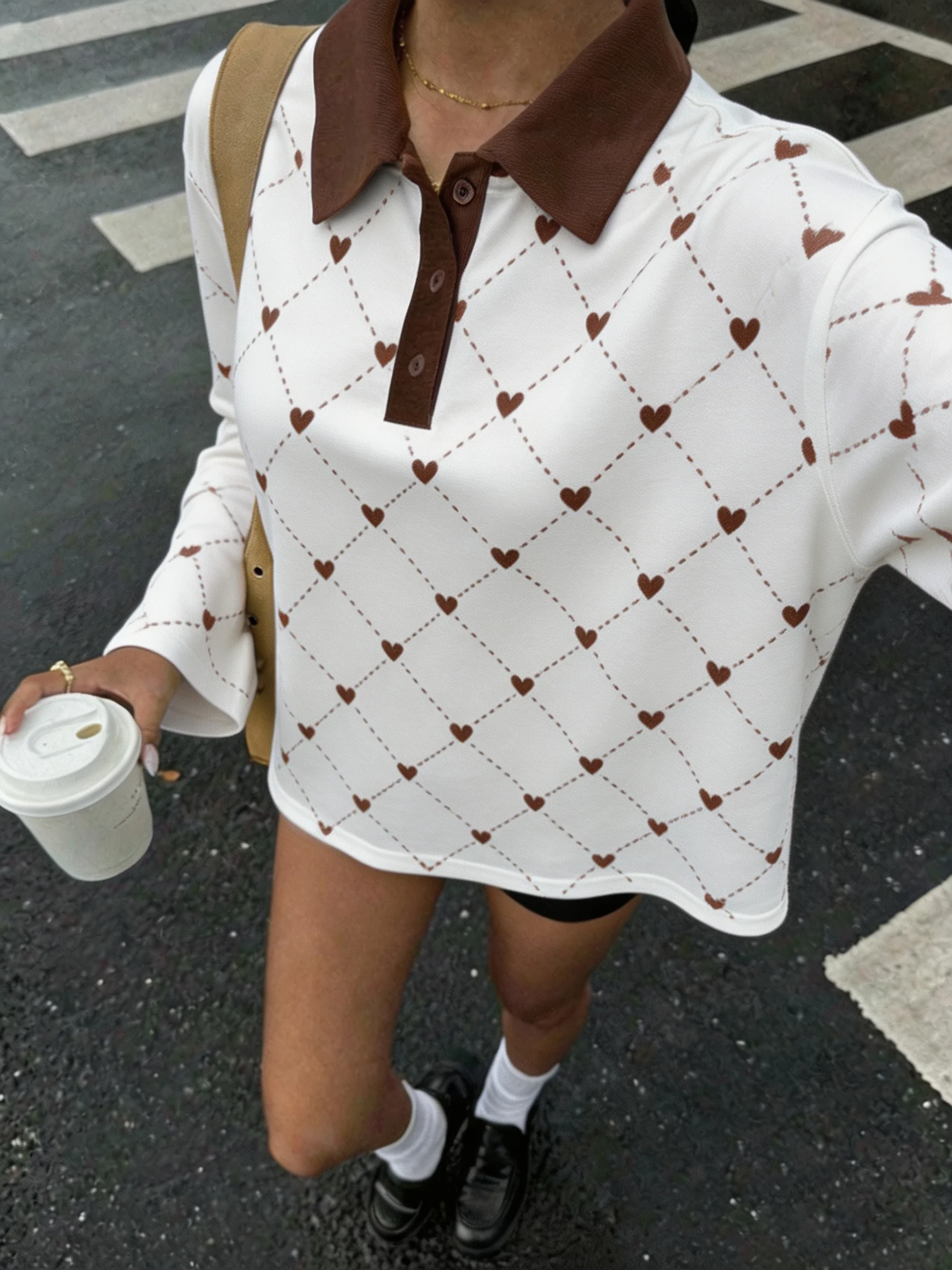 Damen-Hoodie mit geometrischem Muster und Farbblock-Design, Langarm, lässiger Revers-Knopfverschluss, für den Alltag im Herbst und auf Reisen. – Detail 12