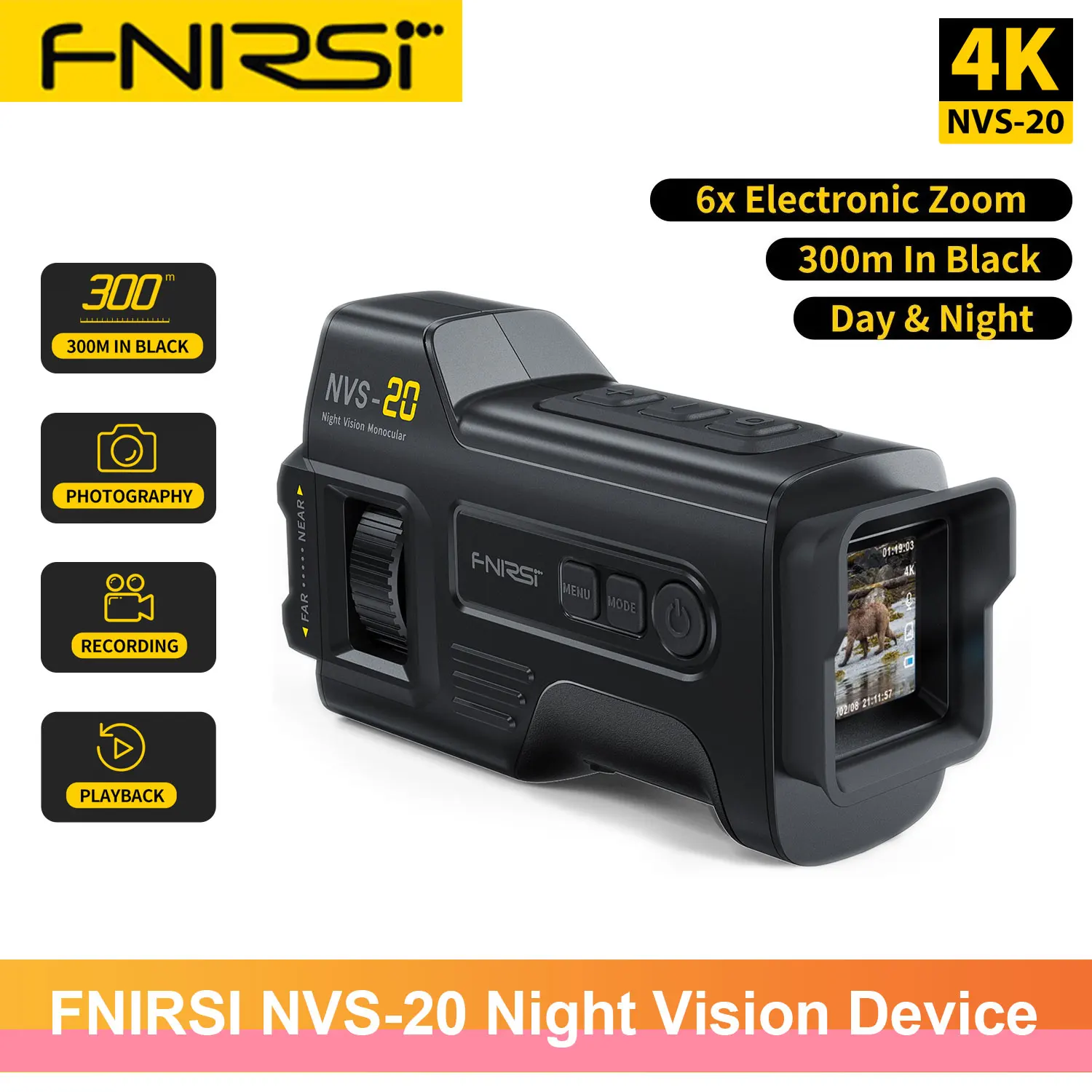 

FNIRSI NVS-20 4K UHD Infrared Monocular Night Vision Device 300m 6x 36MP Digital Zoom Hunting Telescope Outdoor Full Dark NVS20