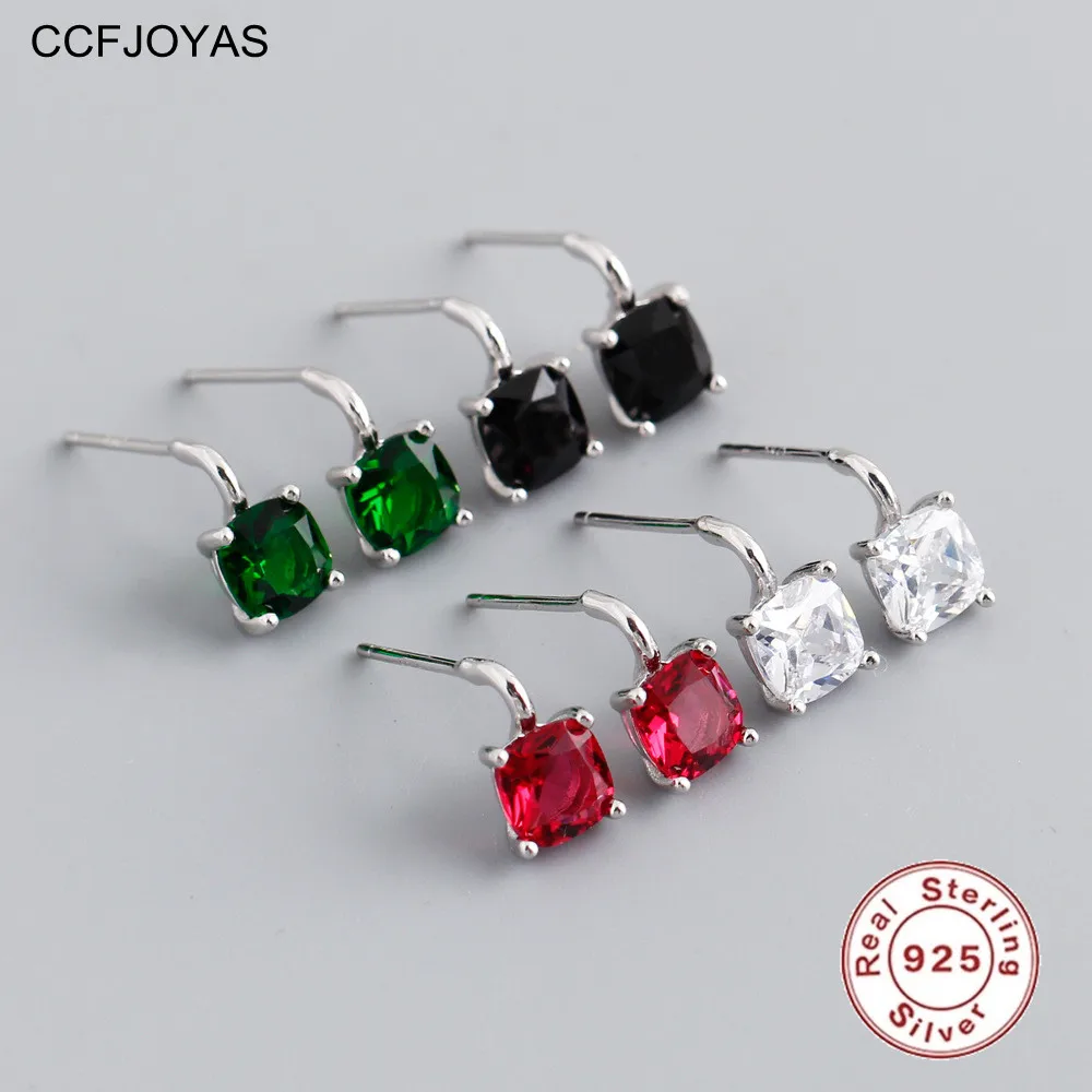 

CCFJOYAS 100% 925 Sterling Silver White/Black/Rose red/Green Square Crystal Zircon Stud Earrings Women Light Luxury CZ Earrings