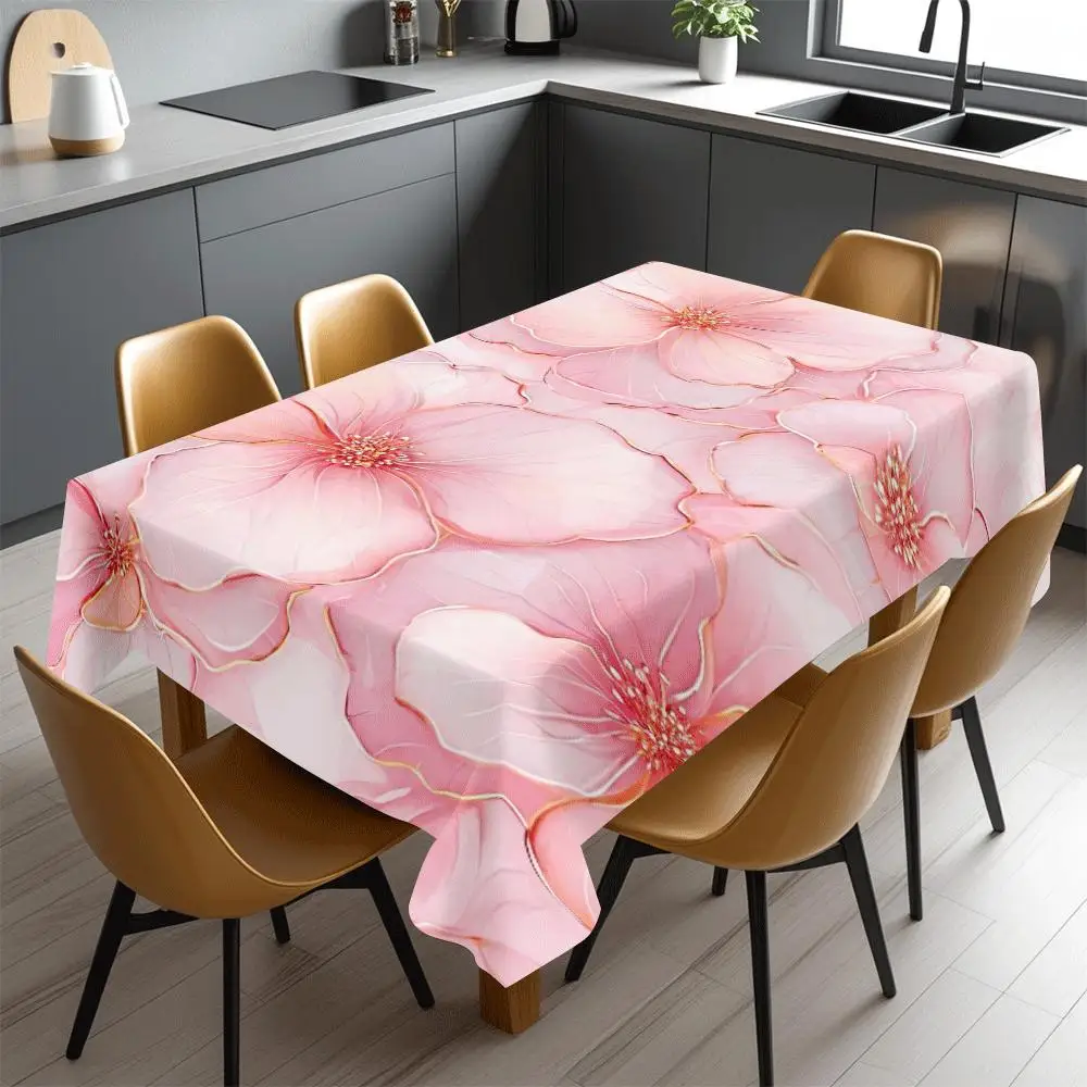 Gilded Pink Bloom Tablecloth, Pink Base With Artistic Flower Graphics, Rectangular Table Cover for Boutique & Dessert Shop Decor
