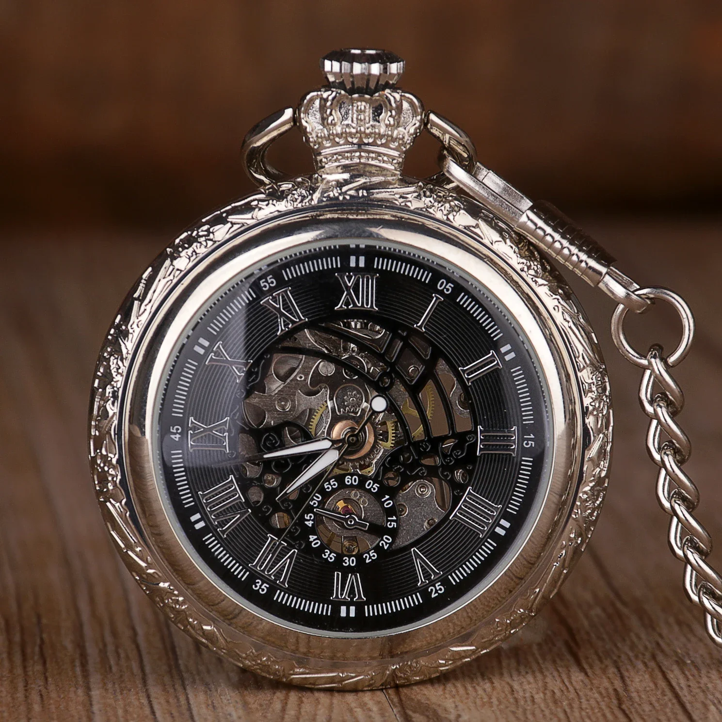 Classic Silver Roman Numeral Dial Pocket Watch Mechanical Automatic Vintage Steampunk Chain Pendant Gift reloj de bolsillo