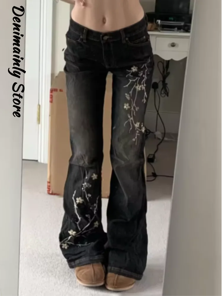 

Embroidery Yk2 Denim Woman Pants Slim Low Waist Plum Blossom Micro Flared Trousers 2025 New Chic High Street Women's Jeans