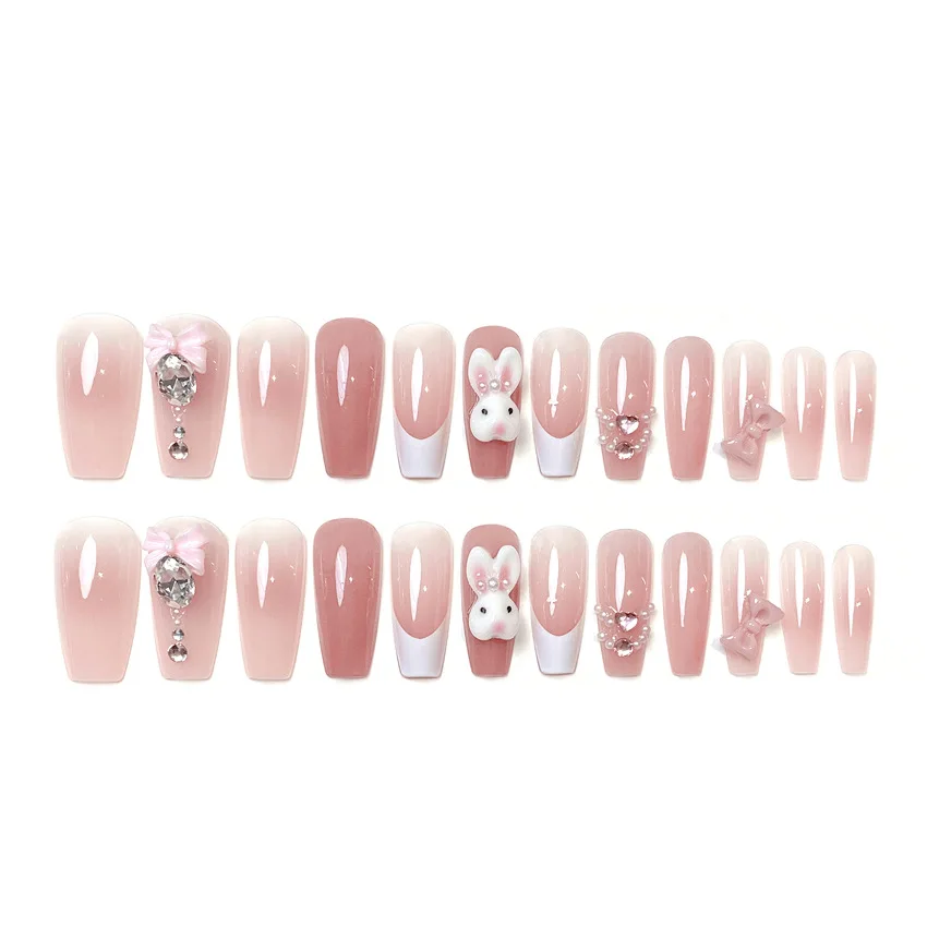 24pcs Kawaii Cartoon Rabbit Press On Nails Bowknots Diamond Decor Mid-length Coffin False Nail White French Blush Pink Fake Nail view 5
