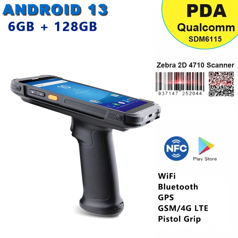 Rugged Handheld PDA Android 13 with Pistol Grip 6G RAM 128G ROM 1D/2D/QR Warehouse Inventory Barcode Scanner