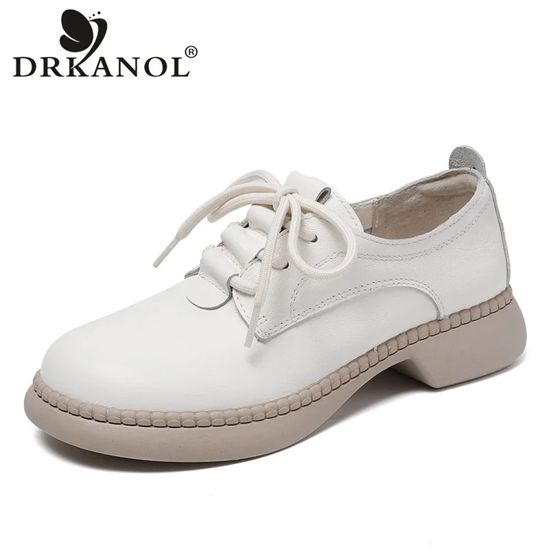 

DRKANOL High Quality Genuine Leather Flat Shoes Women Summer Retro Round Toe Hollow Out Breathable Lace-Up Casual Shoes Female