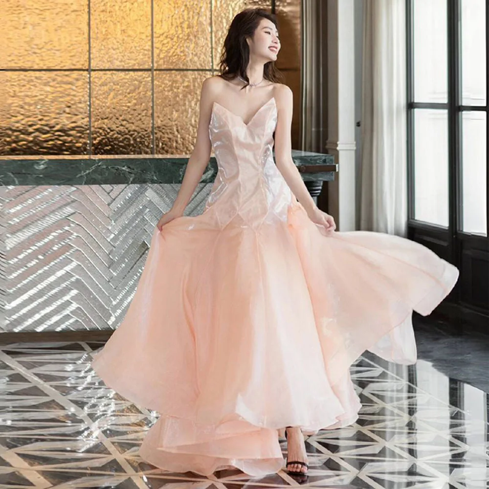

Shinning Pink Light Luxury Evening Dress Women's Elegant Strapless Puff A-line Tulle Prom Gown Female Birthday Party Vestido