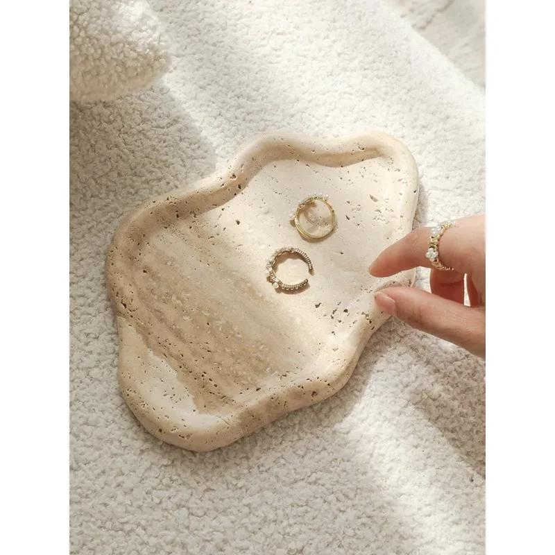 

Nordic Chic Travertine Stone Tray Makeup Organizer Decor Accent Entryway Display Aroma Diffuser Pad Handcrafted Jewelry Plate