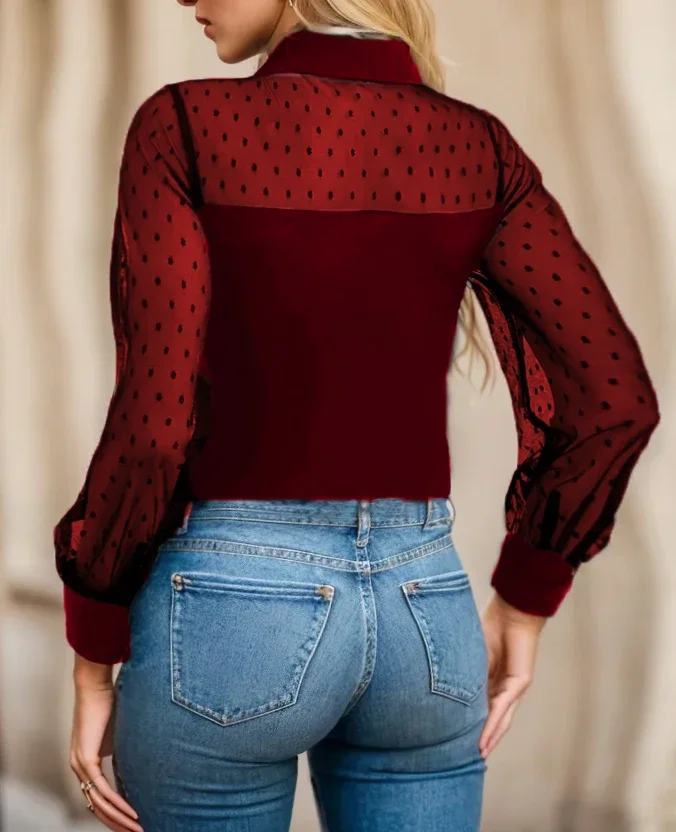 Plus Size Swiss Dot Mesh Stitching Blouse, elegancki top z kołnierzykiem i długim rękawem na wiosnę i jesień, odzież damska w dużych rozmiarach