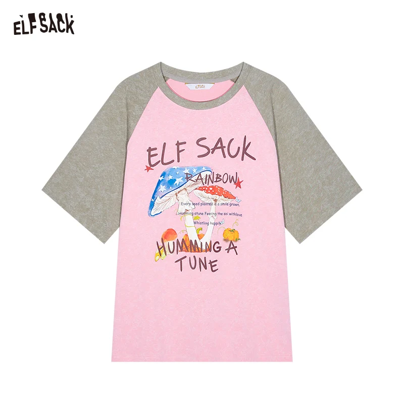 ELFSACK 2025 Summer New Arrival Loose Casual Niche Top Insert Shoulder Collision Colour Printing Short Sleeve Graphic T-shirt